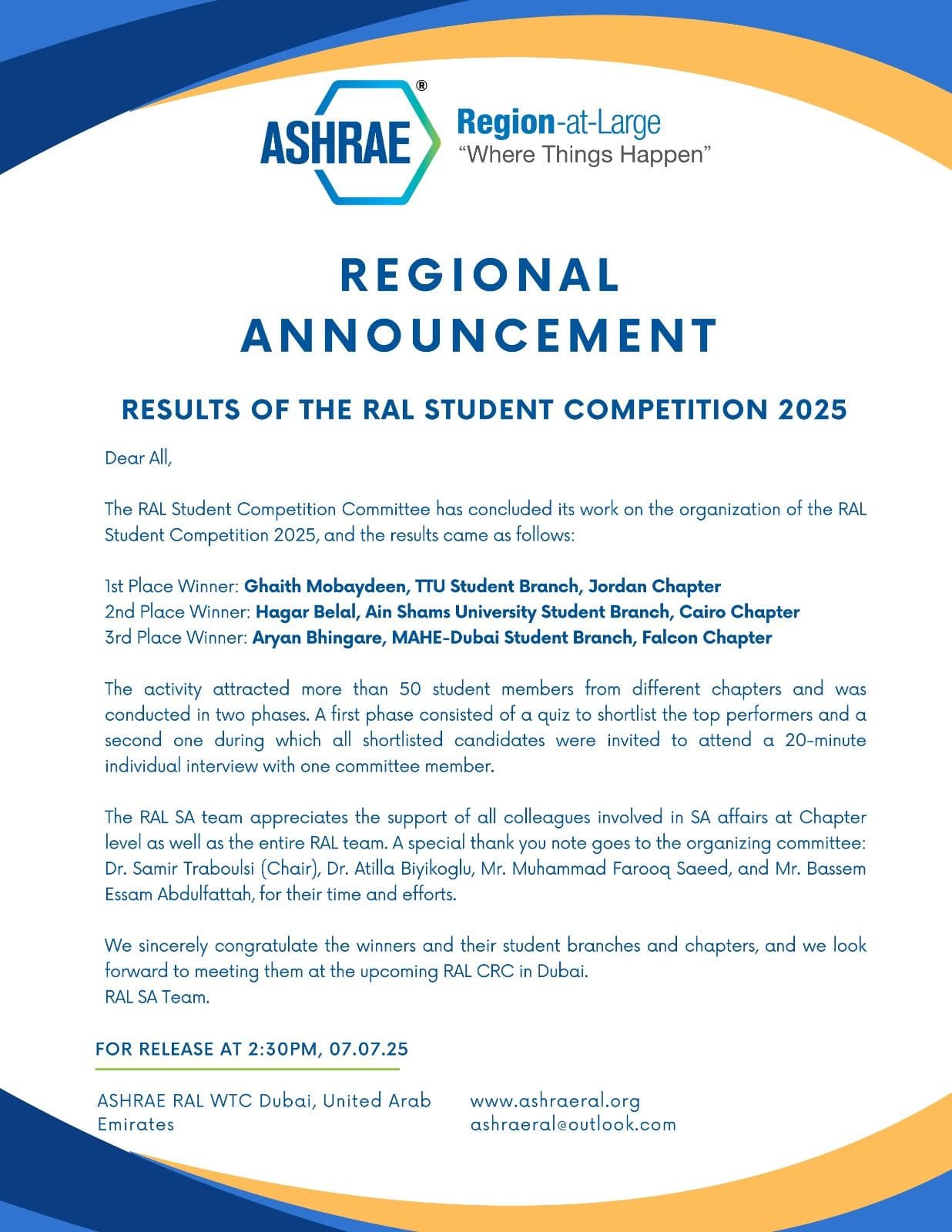 MAHE Dubai Student Wins 3rd Place in ASHRAE RAL Student Competition 2025